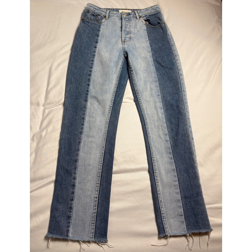PacSun Mom Jeans Womens 26 Blue Excellent Two Tone Colorblock Raw Hem Denim